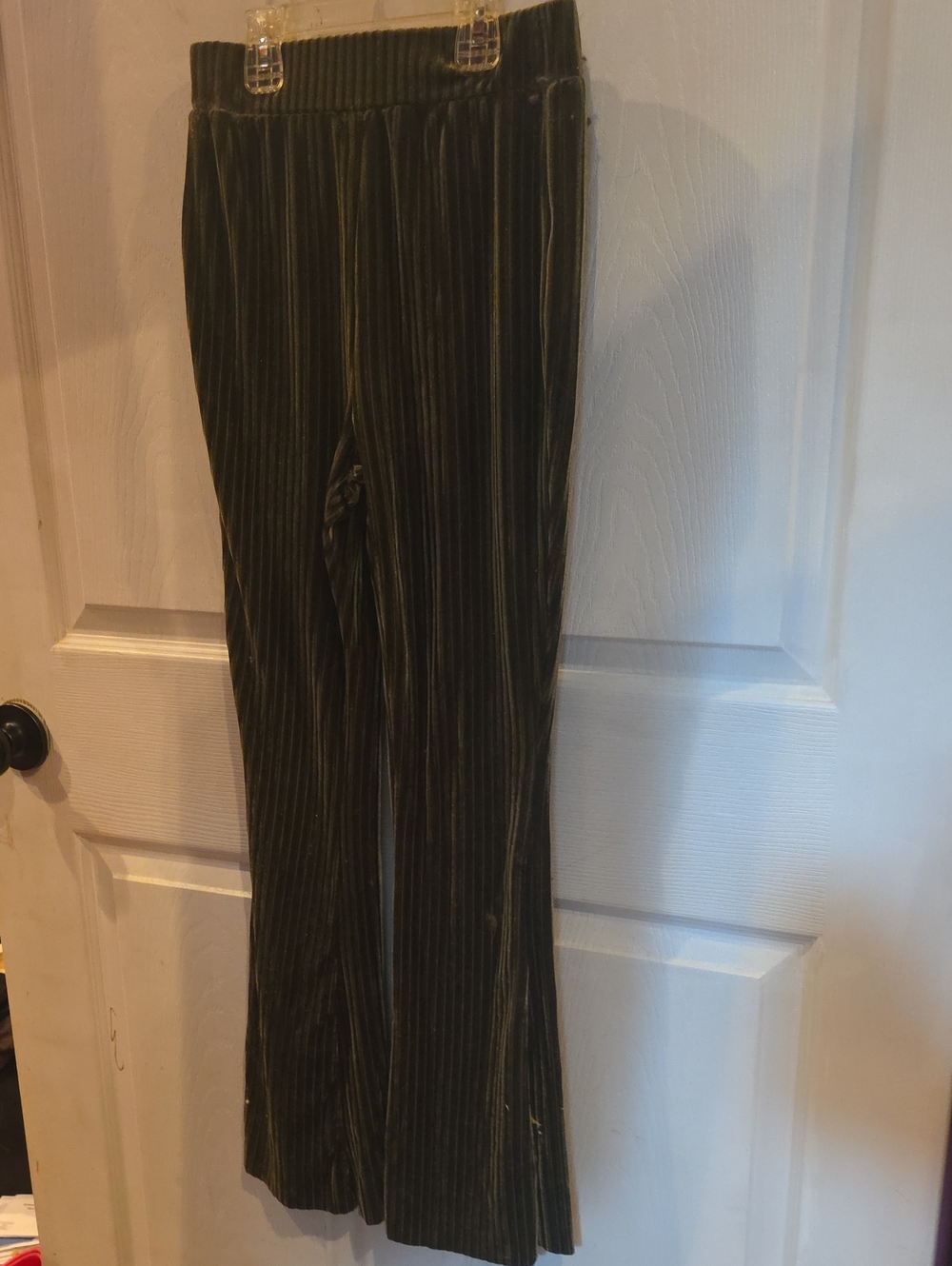 Olive Green Velvet Pinstripe Flare Pants